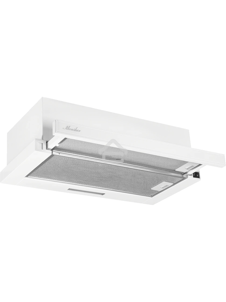 Встраиваемая вытяжка Monsher LAUTREC 60 Blanc Verre, ширина 60 см, отвод/рециркуляция, 550 м3/час, механическое управление, 3 скорости, светодиодное освещение 1х2 Вт, металлические жироулавливающие фильтры, угольный фильтр KFY (опция), цвет белый стекло