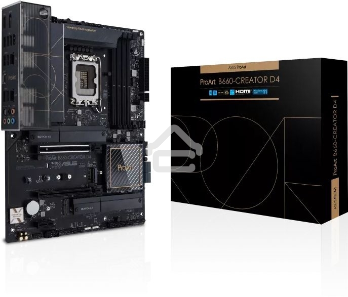 Материнская плата ASUS ProArt B660-CREATOR D4, LGA 1700, Intel B660, 4xDDR4, 4xSATA, 3xM.2, 1xPCIe 5.0 x16, 1xPCIe 3.0 x4, 1xPCIe x1, 1xHDMI, 1xDP, 2x 2.5Gb LAN, 4xUSB-A 2.0, 4xUSB-A 3.2 Gen 1, 1xUSB-C 3.2 Gen 2, 5x3.5 мм, TOSLINK, ATX