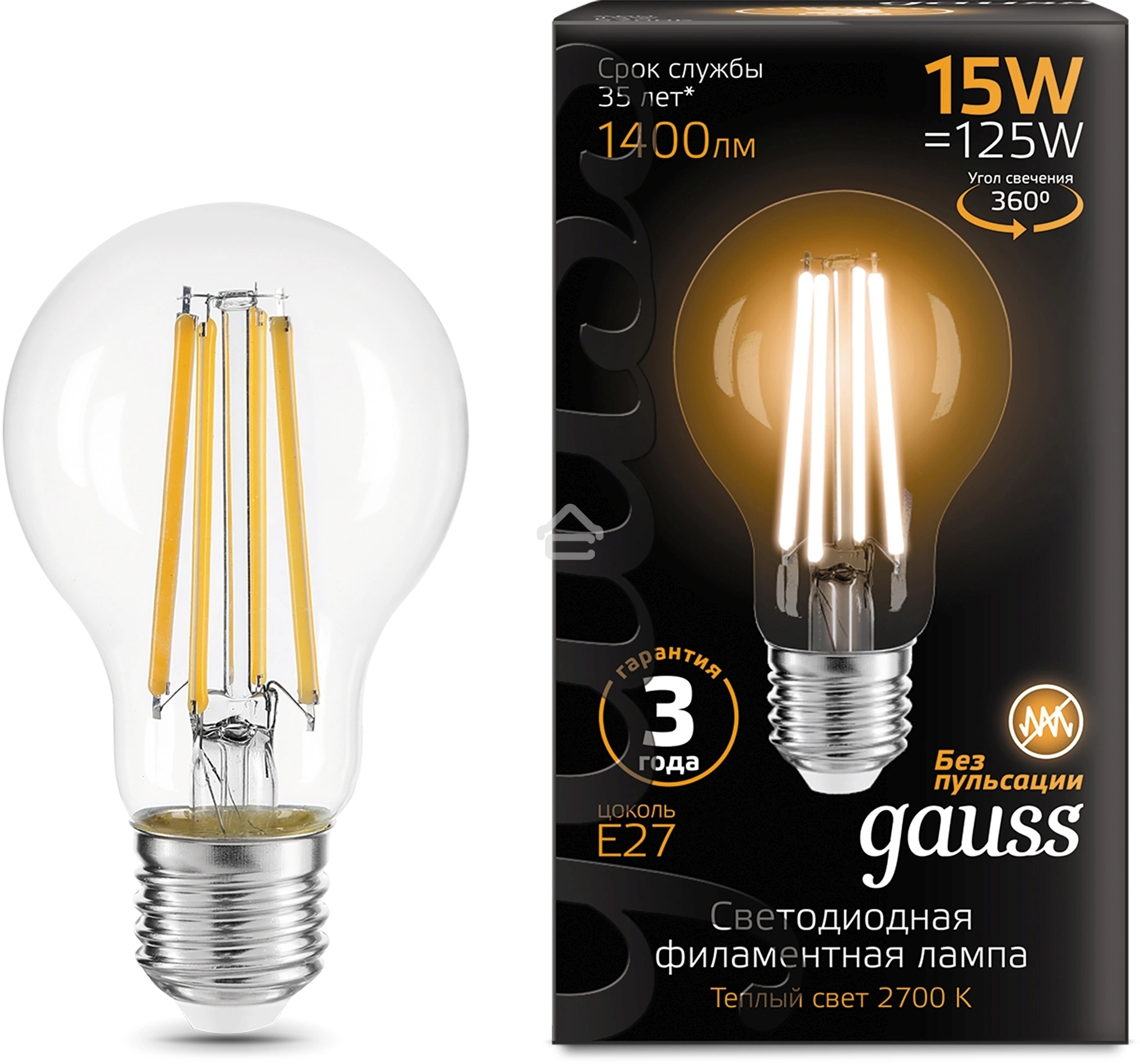 Лампа светодиодная Gauss Filament 102902115 15Вт цок.: E27 груша 220B св. свеч. бел. теп. (упак.: 10 шт)