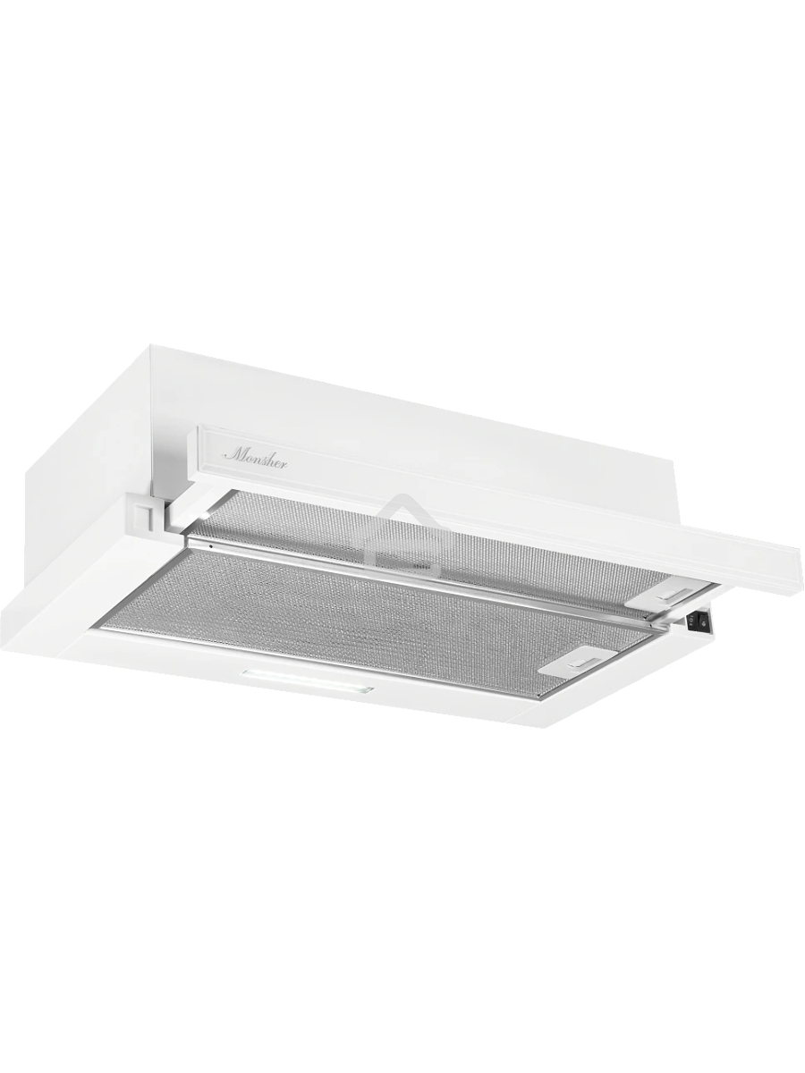 Встраиваемая вытяжка Monsher LAUTREC 60 Blanc Verre, ширина 60 см, отвод/рециркуляция, 550 м3/час, механическое управление, 3 скорости, светодиодное освещение 1х2 Вт, металлические жироулавливающие фильтры, угольный фильтр KFY (опция), цвет белый стекло