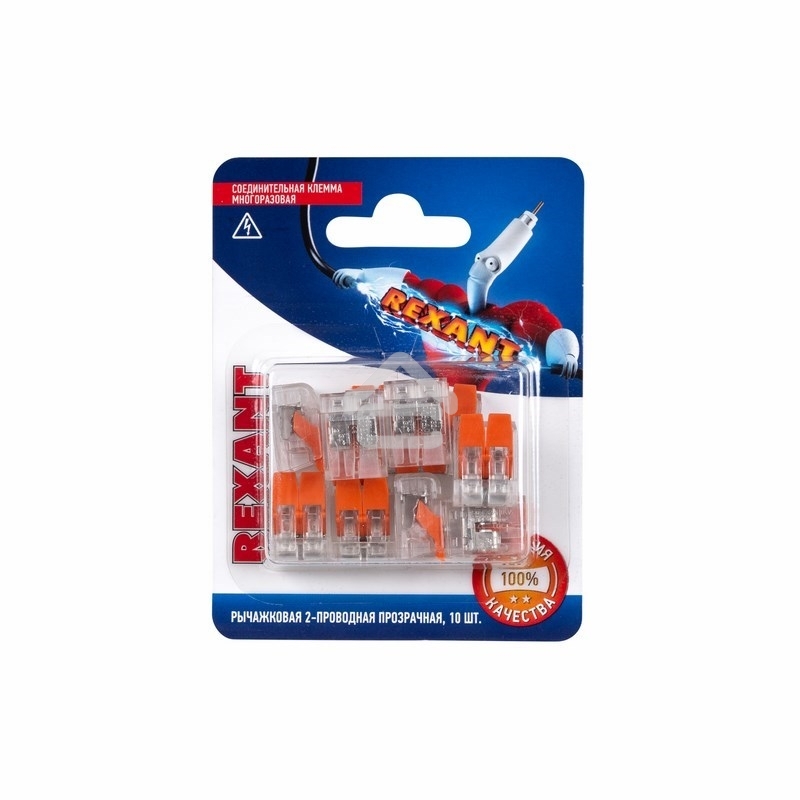Соединительная компактная рычажковая клемма Rexant 2-проводная прозрачная (0,14-4 мм²) 10 шт.