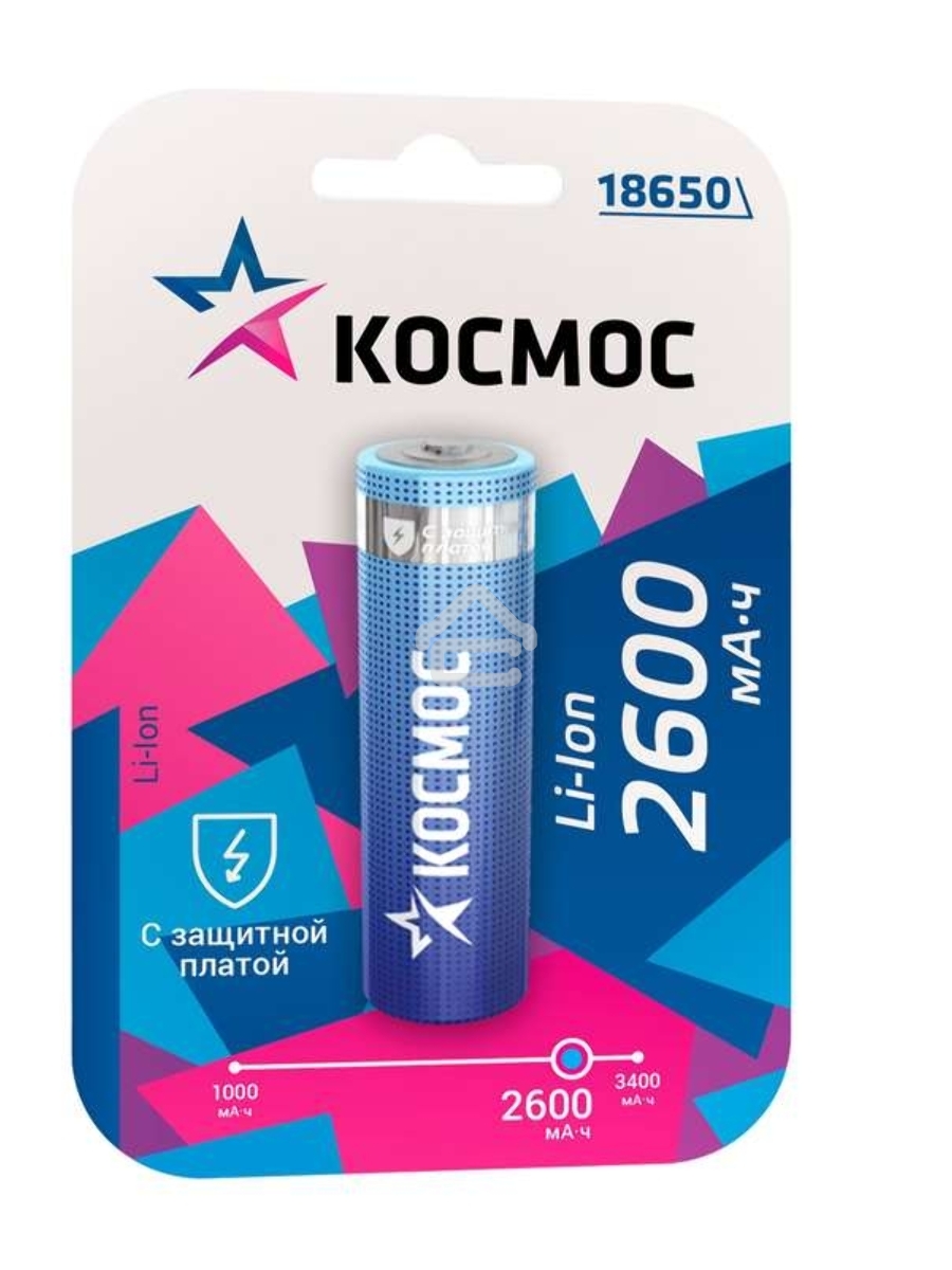 Аккумулятор Li-ion 18650 2600мА.ч с защитой (блист.1шт) Космос KOC18650Li-ion26PBL1