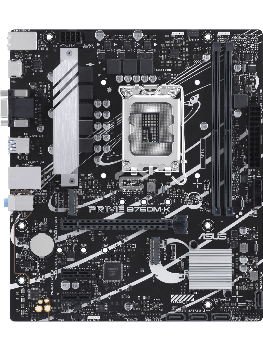 Материнская плата ASUS PRIME B760M-K, LGA 1700, Intel B760, 2xDDR5, 4xSATA, 2xM.2, 1xPCIe 4.0 x16, 2xPCIe x1, 1xHDMI, 1xVGA, 1x 2.5Gb LAN, 2xUSB-A 3.2 Gen 1, 2xUSB-A 2.0, 3x3.5 мм, 7.1, mATX