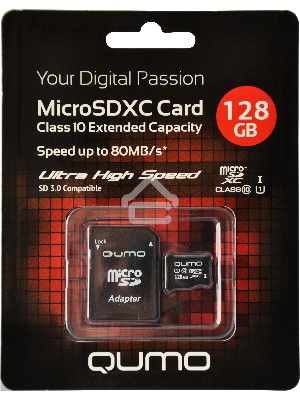 Флэш карта Micro SecureDigital 128Gb QUMO QM128GMICSDXC10U1 {MicroSDXC Class 10 UHS-I, SD adapter}