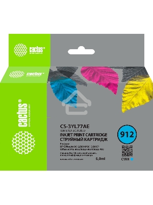 Картридж струйный Cactus CS-3YL77AE 912 голубой (5мл) для HP OfficeJet 8010/8012/8013/8014
