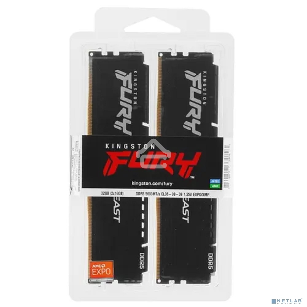 Оперативная память Kingston Fury Beast, DDR5, 32GB (2x16GB), 5600MHz, CL36, DIMM, с радиаторами, черный