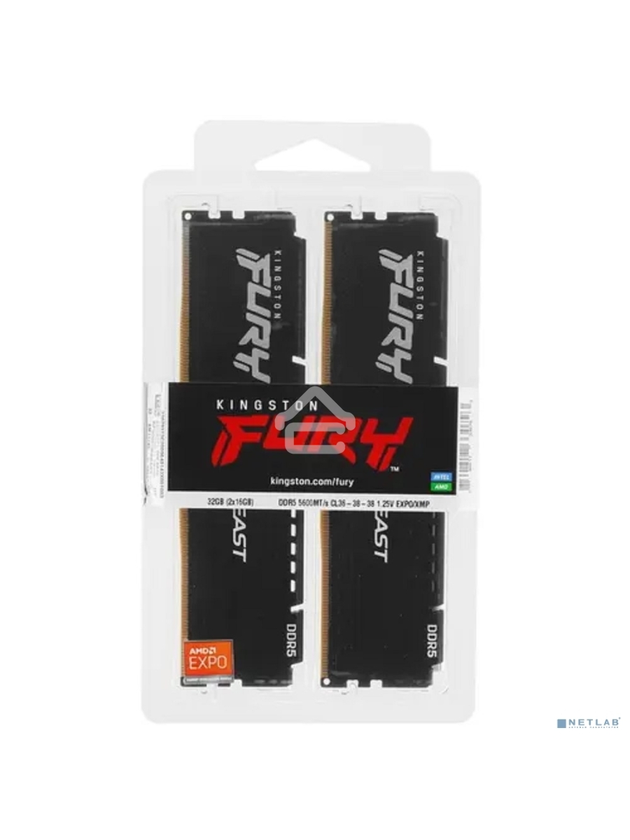 Оперативная память Kingston Fury Beast, DDR5, 32GB (2x16GB), 5600MHz, CL36, DIMM, с радиаторами, черный