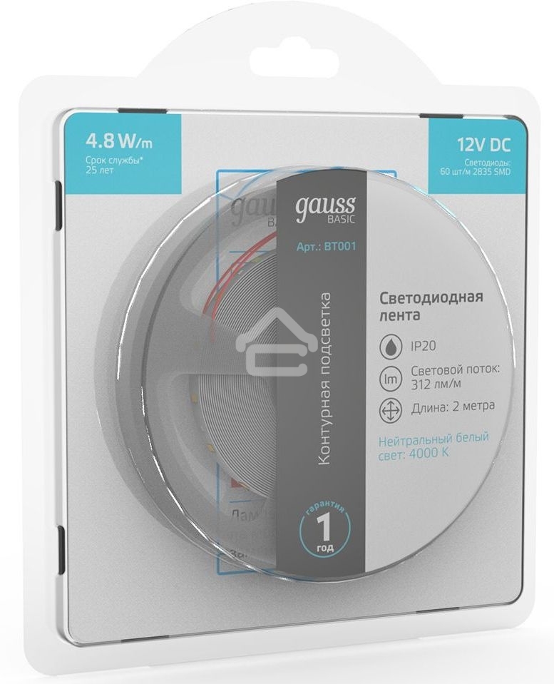 Лента светодиодная Basic Gauss 12V 4,8W/m 312lm/m 4000K IP20 LED 2m 1/100