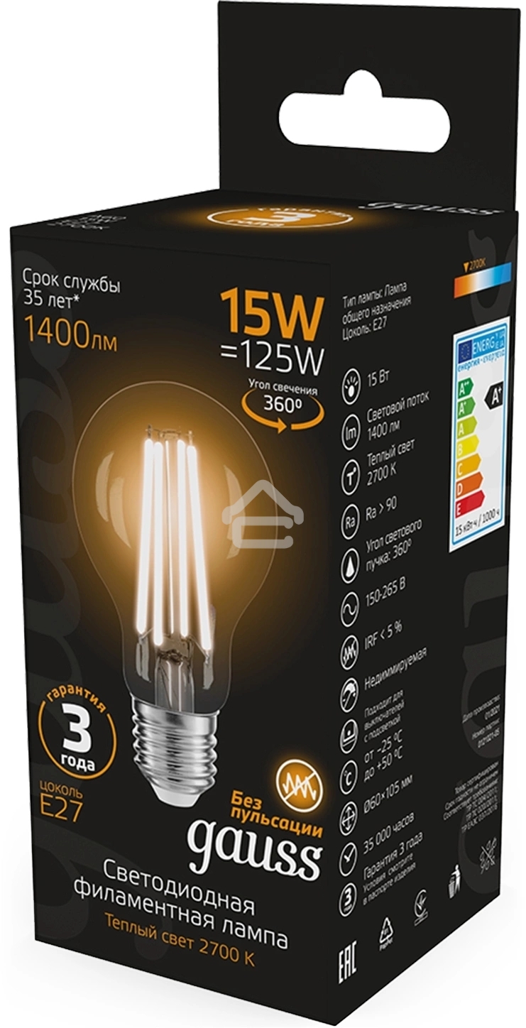 Лампа светодиодная Gauss Filament 102902115 15Вт цок.: E27 груша 220B св. свеч. бел. теп. (упак.: 10 шт)