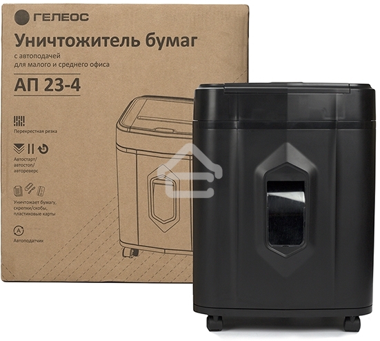 Шредер Heleos АП23-4 черный с автоподачей (секр.P-4) фрагменты 145лист. 23лтр. скрепки скобы пл.карты