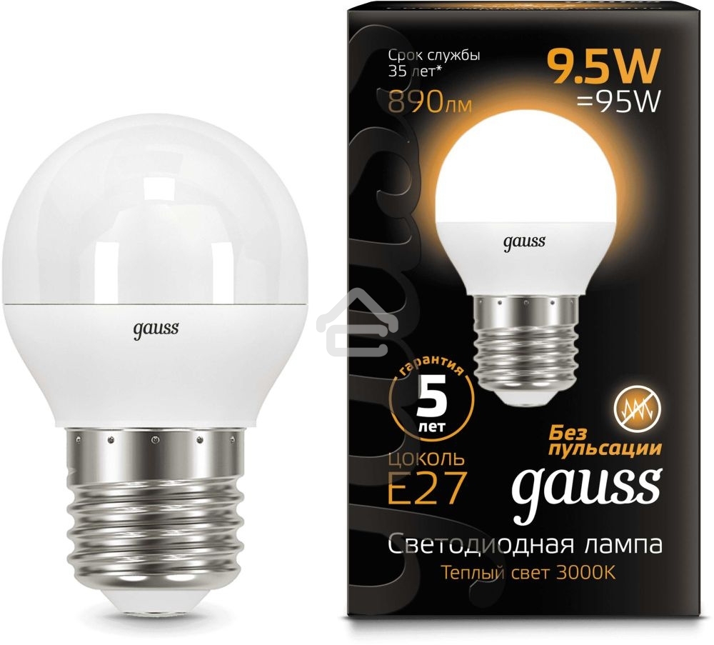 Светодиодная лампа GAUSS 105102110 LED Шар E27 9.5W 890lm 3000K 1/10/50