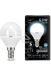 Лампа светодиодная Gauss 6.5Вт цок.:E14 шар 220B 4100K св.свеч.бел.нейт. (упак.:10шт) (105101207)