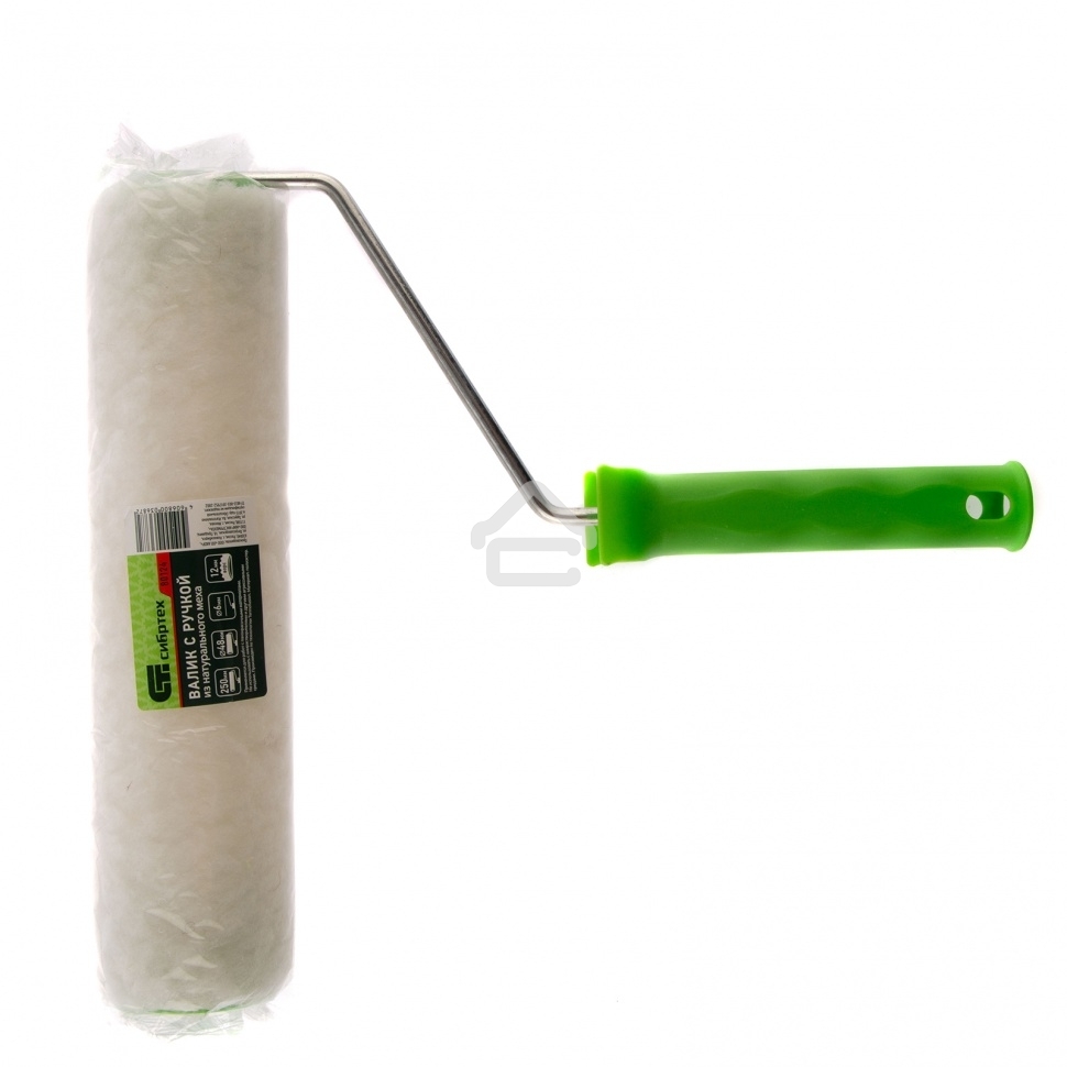 Валик с натуральным мехом, с ручкой, 250 мм, ворс 12 мм, D 48 мм, D ручки - 6 мм, Россия Сибртех