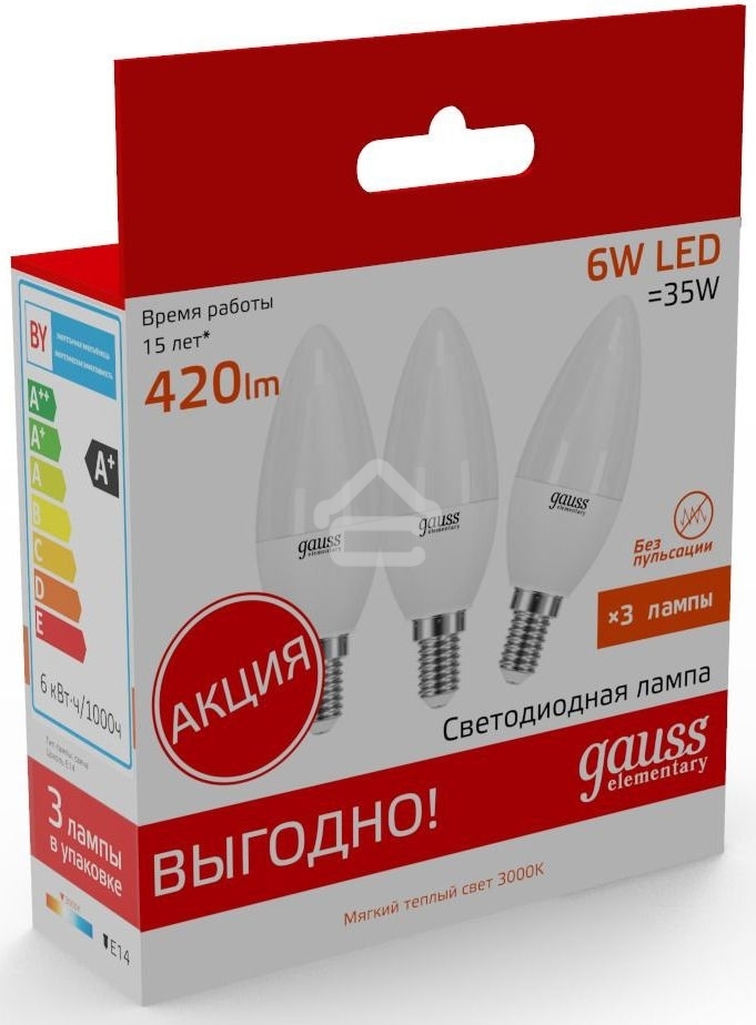 Лампа светодиодная Gauss Elementary 6Вт свеча 2700К тепл. белый. E14 420лм 180-240В ПРОМО (уп. 3 шт)