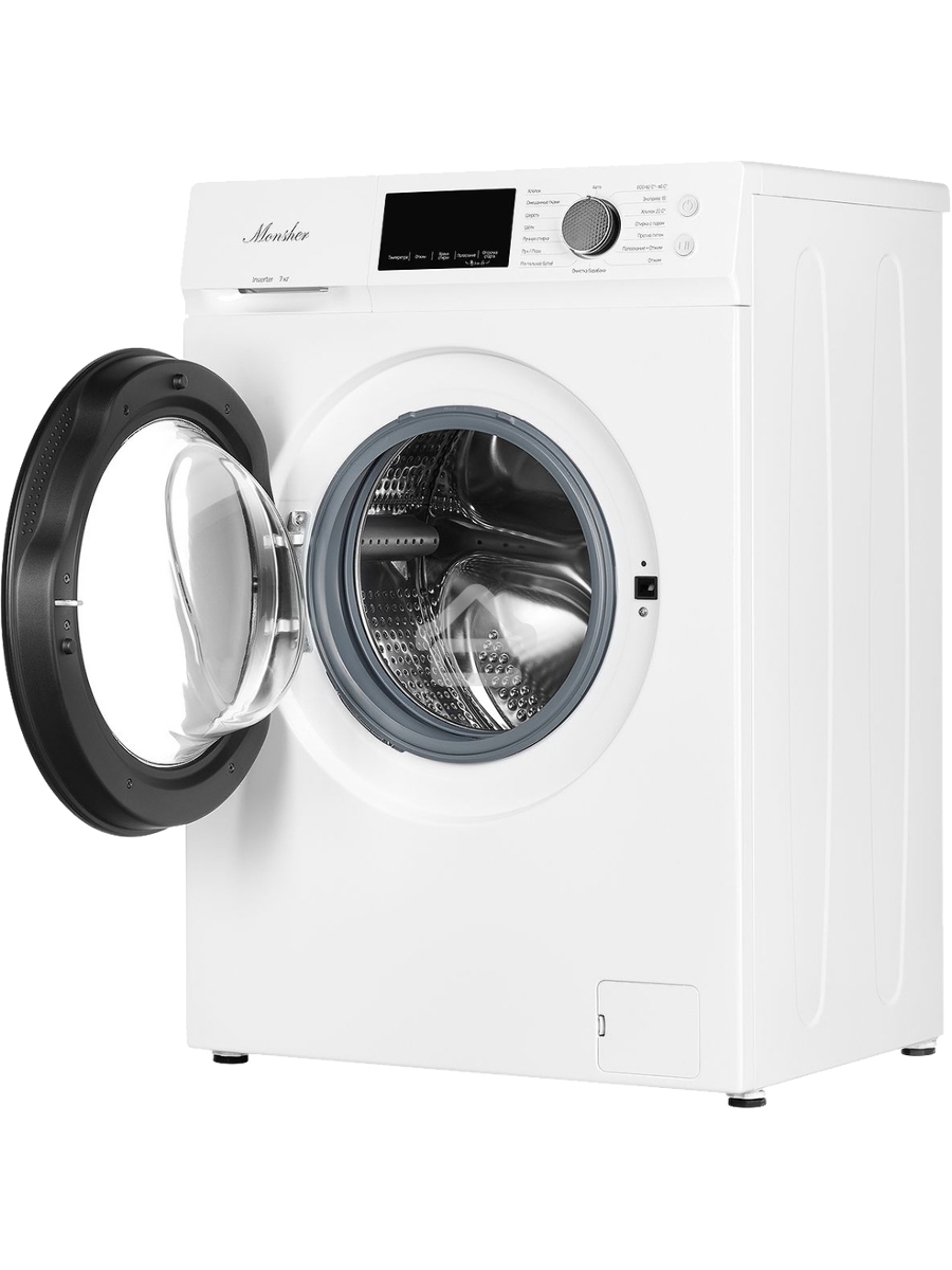 Стиральная машина MONSHER MWM 450 Blanc отдельностоящая, фронтальная, 16 программ, загрузка 7 кг, 1200 об/мин, сенсорное/механическое управление, инверторный двигатель, отложенный старт, блокировка от детей, энергоэффективность А+++, цвет белый