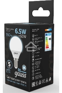 Лампа светодиодная Gauss 6.5Вт цок.:E14 шар 220B 4100K св.свеч.бел.нейт. (упак.:10шт) (105101207)