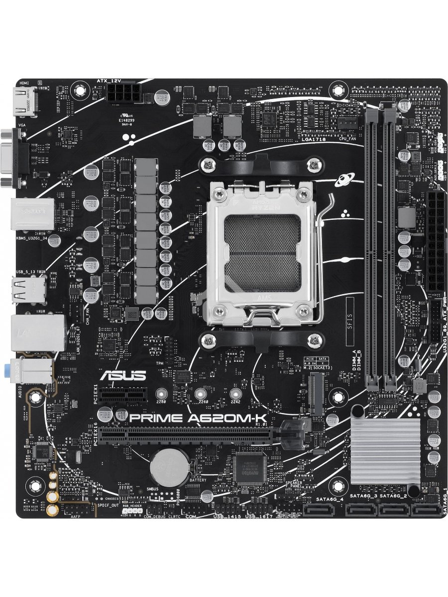 Материнская плата ASUS PRIME A620M-K, AM5, AMD A620, 2xDDR5, 4xSATA, 1xM.2, 1xPCI-E 4.0 x16, 1xPCI-E x1, 1xHDMI, 1xVGA, 1x 1Gb LAN, 4xUSB-A 3.2 Gen 1, 2xUSB-A 2.0, 3x3.5 мм, 7.1, Micro-ATX