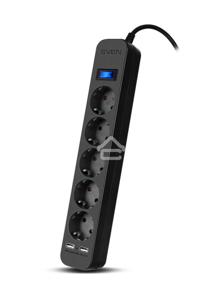 Фильтр SVEN SF-05LU 5.0 м (5 евро розеток,2*USB(2,4А)) черный, цветная коробка Surge protector SVEN SF-05LU 5.0 м (5 евро розеток,2*USB(2,4А)) черный, цветная коробка