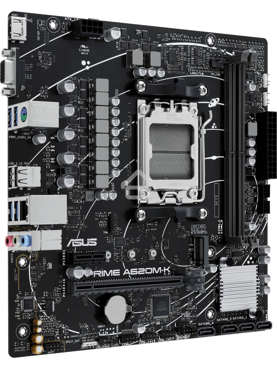 Материнская плата ASUS PRIME A620M-K, AM5, AMD A620, 2xDDR5, 4xSATA, 1xM.2, 1xPCI-E 4.0 x16, 1xPCI-E x1, 1xHDMI, 1xVGA, 1x 1Gb LAN, 4xUSB-A 3.2 Gen 1, 2xUSB-A 2.0, 3x3.5 мм, 7.1, Micro-ATX