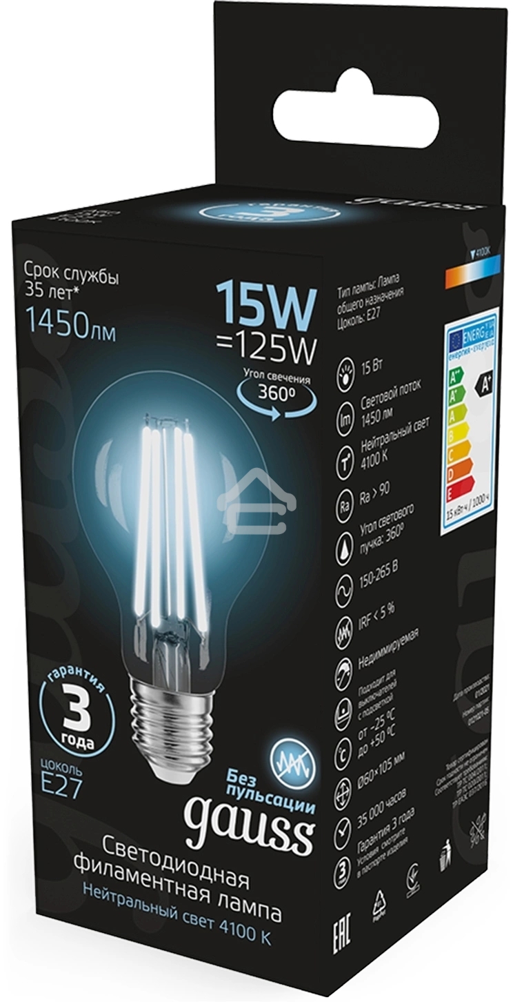 Лампа светодиодная Gauss Filament 102902215 15Вт цок.: E27 груша 220B св. свеч. бел. нейт. (упак.: 10 шт)