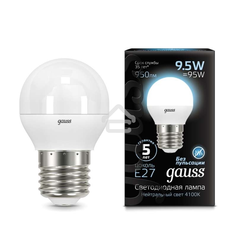 Лампа светодиодная Gauss LED Шар E27 9.5W 950lm 4100K 1/10/50