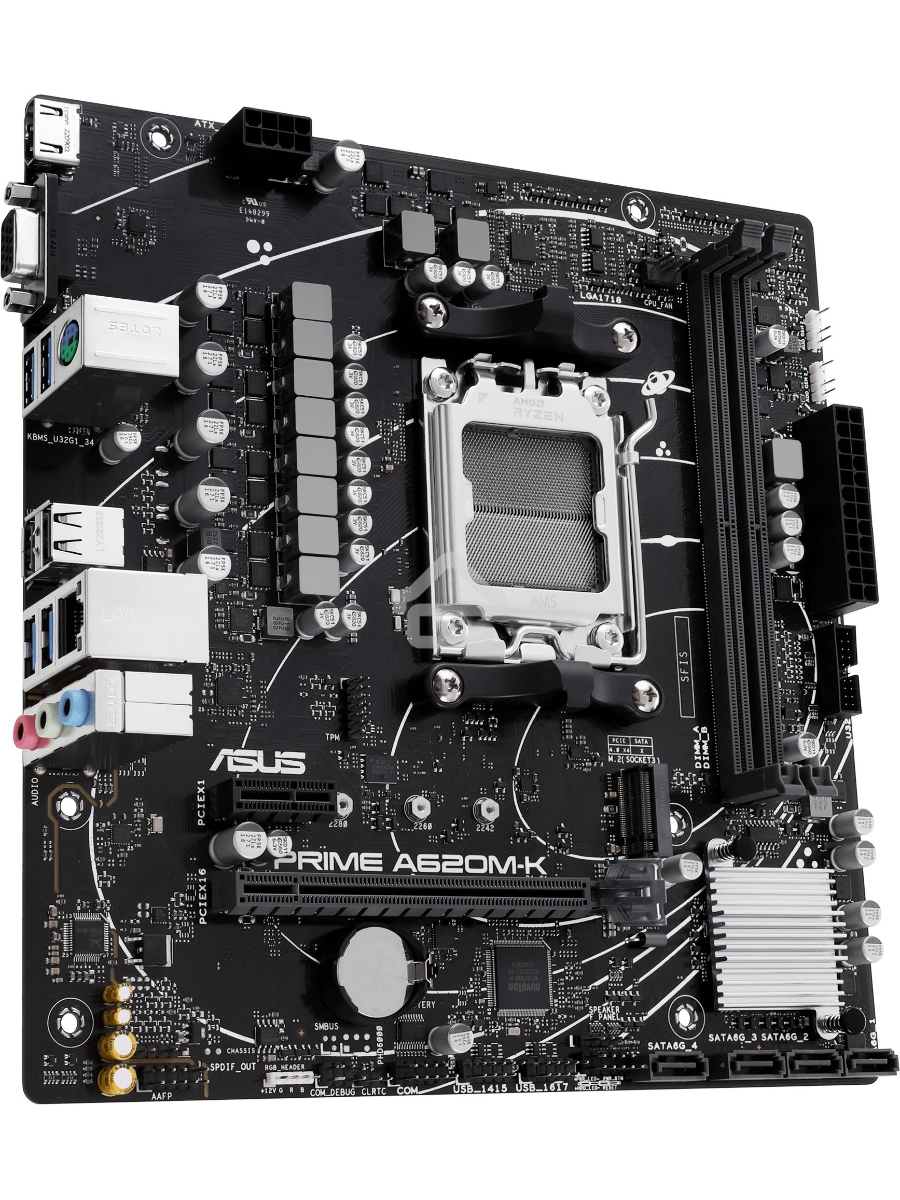 Материнская плата ASUS PRIME A620M-K, AM5, AMD A620, 2xDDR5, 4xSATA, 1xM.2, 1xPCI-E 4.0 x16, 1xPCI-E x1, 1xHDMI, 1xVGA, 1x 1Gb LAN, 4xUSB-A 3.2 Gen 1, 2xUSB-A 2.0, 3x3.5 мм, 7.1, Micro-ATX