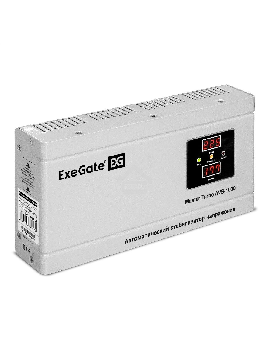 Стабилизатор напряжения ExeGate Master Turbo AVS-1000 (1000ВА, 100-265В, цифр. индикация вход/вых. напряжения, 220В±8%, КПД 98%, 5 уровней защиты, задержка, усиленный метал.корпус, евророзетка, RTL)