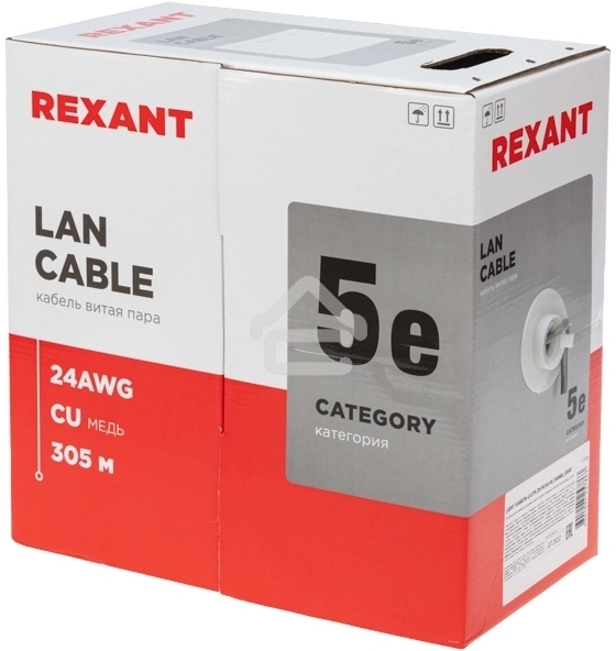Кабель витая пара Rexant LIGHT U/UTP, cat.5e, ZH нг(А)-HF, 4PR, 24AWG, внутренний, серый, 305 м
