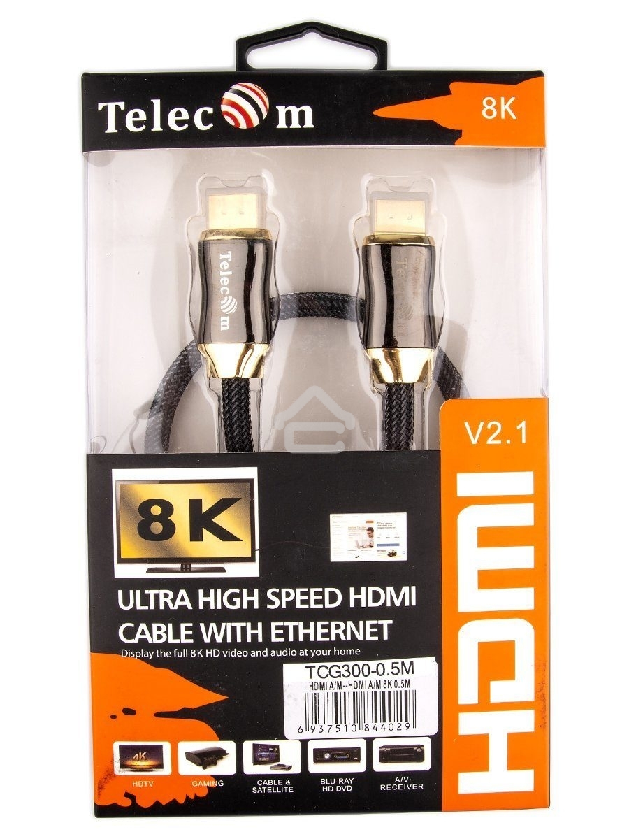 Кабель HDMI 19M/M,ver. 2.1, 8K@60 Hz 0.5m метал разъемы, нейлоновая оплетка Telecom <TCG300-0.5M> Кабель HDMI 19M/M,ver. 2.1, 8K@60 Hz 0.5m метал разъемы, нейлоновая оплетка Telecom