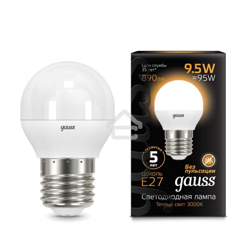 Светодиодная лампа GAUSS 105102110 LED Шар E27 9.5W 890lm 3000K 1/10/50