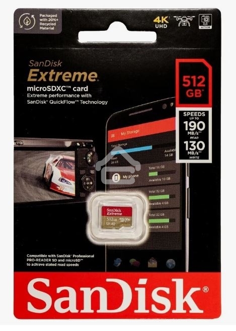 Флеш карта microSD 512Gb SanDisk microSDXC Class 10 UHS-I A2 C10 V30 U3 Extreme 190MB/s