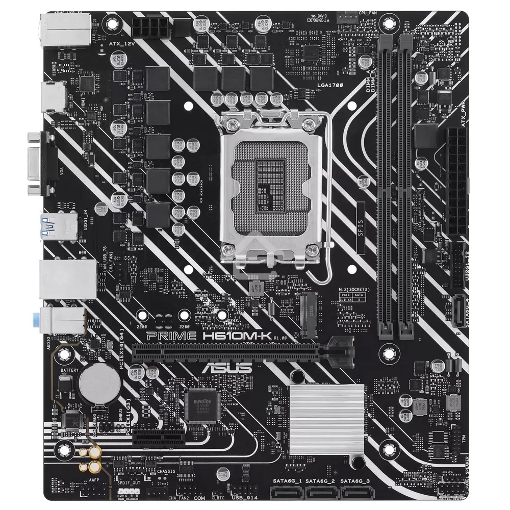 Материнская плата ASUS PRIME H610M-K, LGA 1700, Intel H610, 2xDDR5, 4xSATA, 1xM.2, 1xPCIe 4.0 x16, 1x1Gb LAN, 2xUSB-A 3.2 Gen 1, 4xUSB-A 2.0, 1xHDMI, 1xVGA, 3x3.5 мм, 1xRS-232, 7.1, mATX