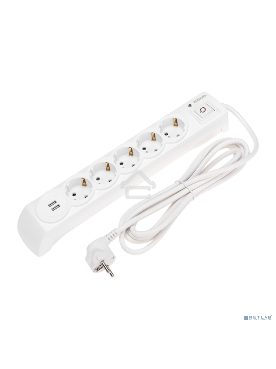 Сетевой фильтр 5 гнезд, 3м, 3х1,5мм², с автовыкл, 2 USB, белый KRANZ