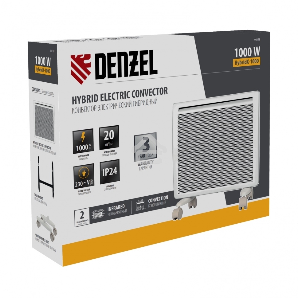 Конвектор электрический гибридный Denzel HybridX-1000 белый, 1000 Вт, 20 м2, термостат, дисплей