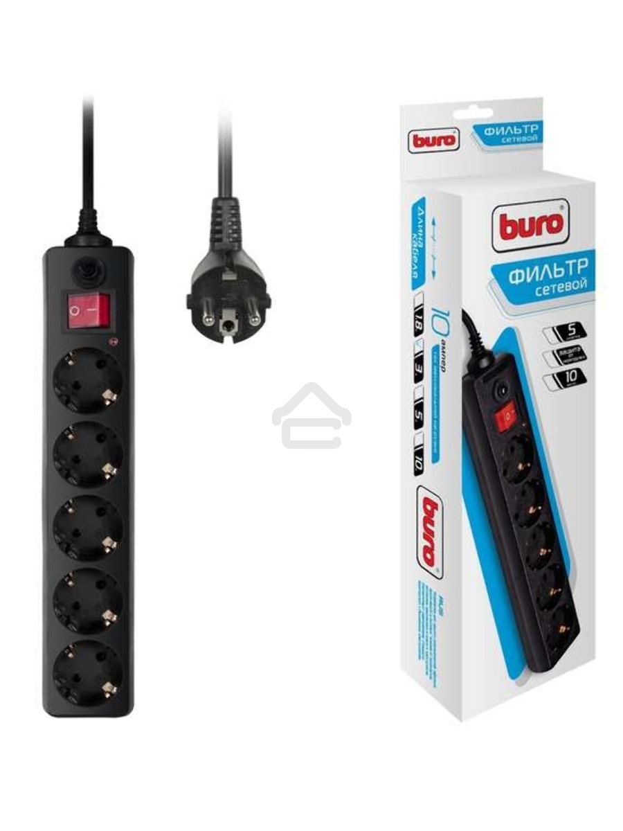Сетевой фильтр BURO Сетевой фильтр, 5 розеток, 3 метра, (500SH-3-B), черный {992293}