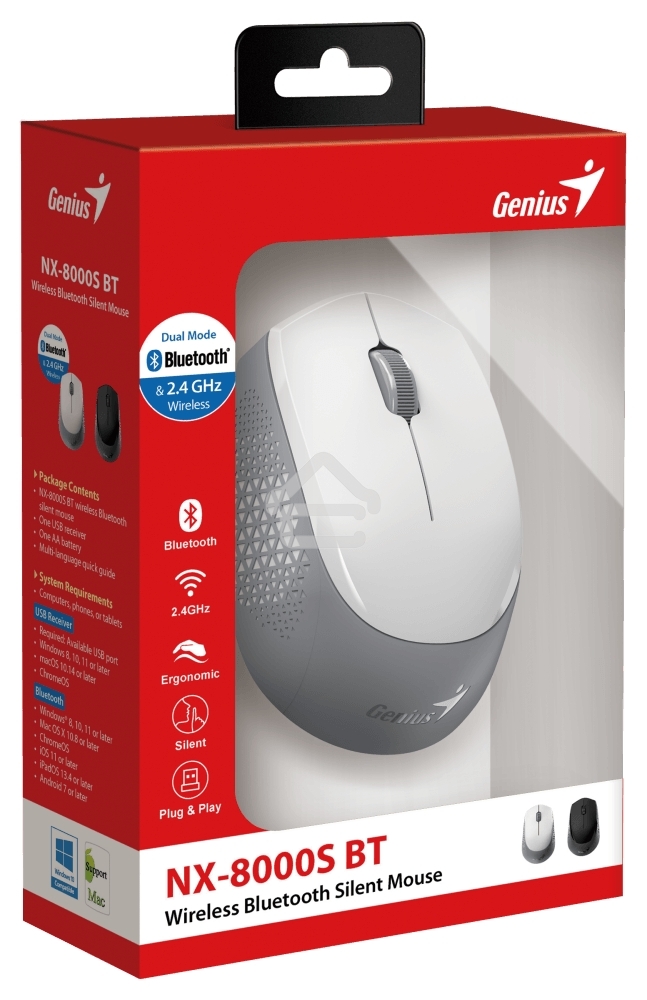 Мышь беспроводная Genius NX-8000S BT белый, 1200 dpi, радиоканал, Bluetooth, USB, кнопки - 3