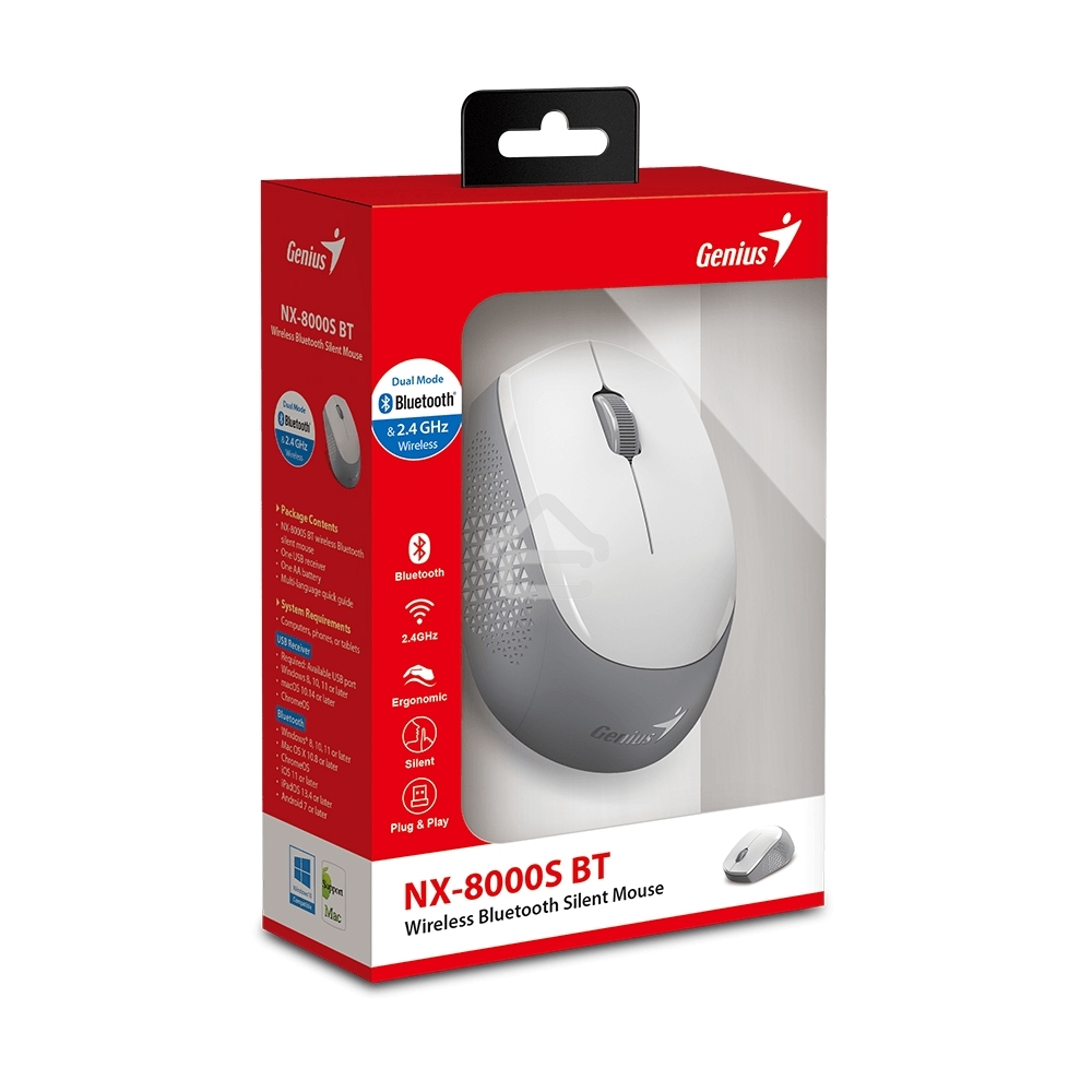 Мышь беспроводная Genius NX-8000S BT белый, 1200 dpi, радиоканал, Bluetooth, USB, кнопки - 3