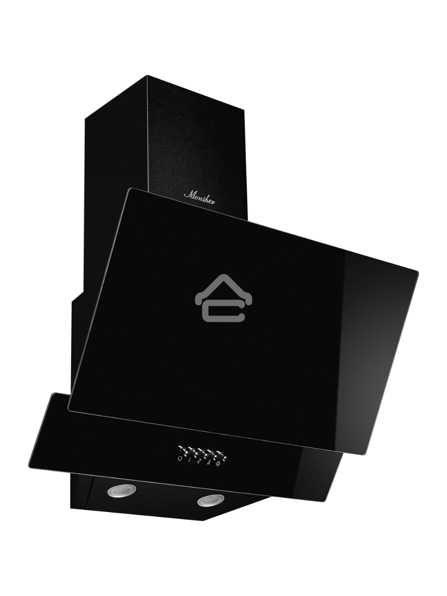 Наклонная вытяжка Monsher ROUEN 50 Noir Verre, ширина 50 см, отвод/рециркуляция, 700 м3/час, механическое кнопочное управление, 3 скорости, светодиодное освещение 2*1 Вт, металлические жироулавливающие фильтры, угольный фильтр KFM 101 (опция), цвет: чёрны
