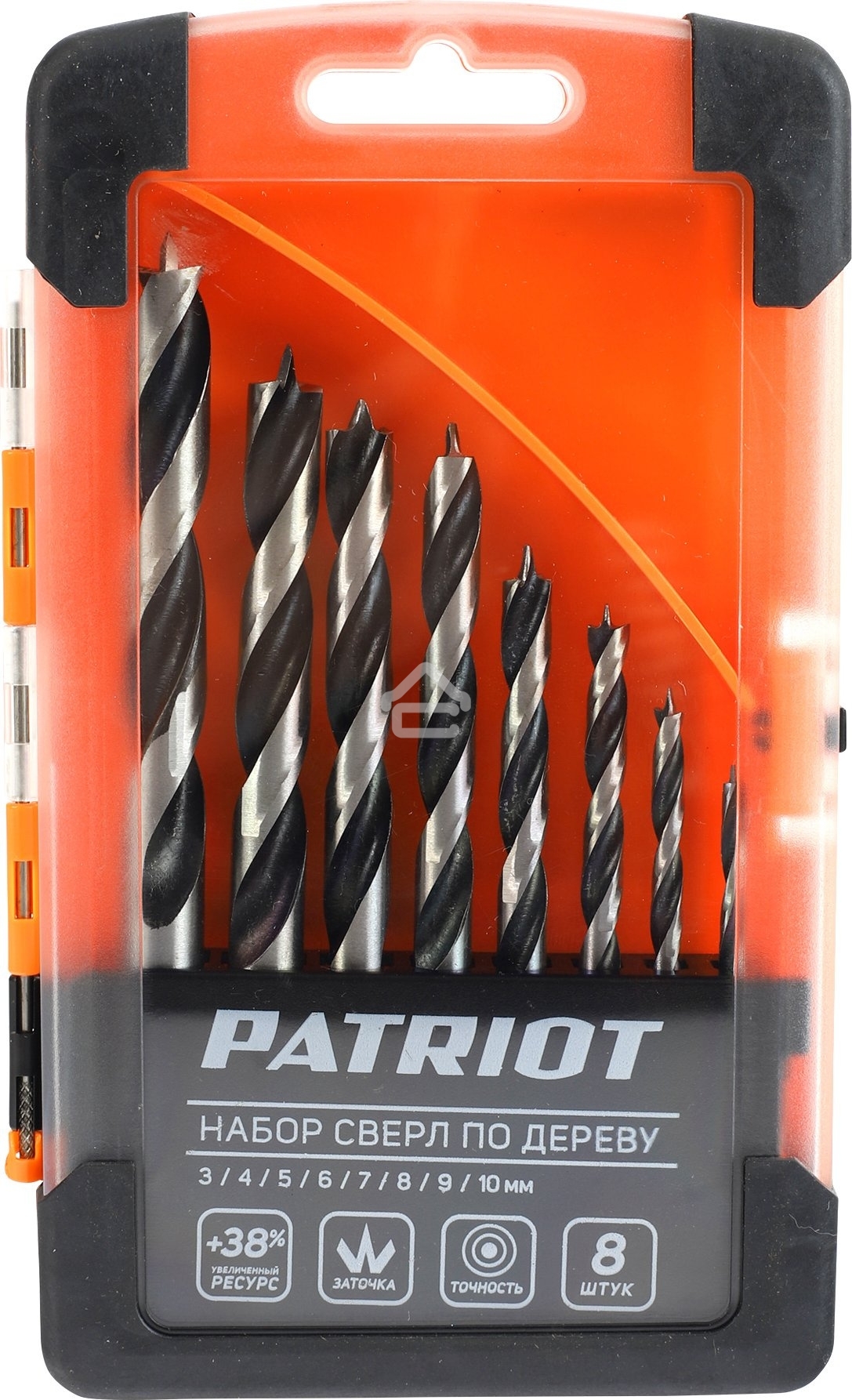 Набор сверл по дереву PATRIOT спиральные, W-образная заточка, 8 шт: 3, 4, 5, 6, 7, 8, 9, 10 мм, в пластиковом боксе