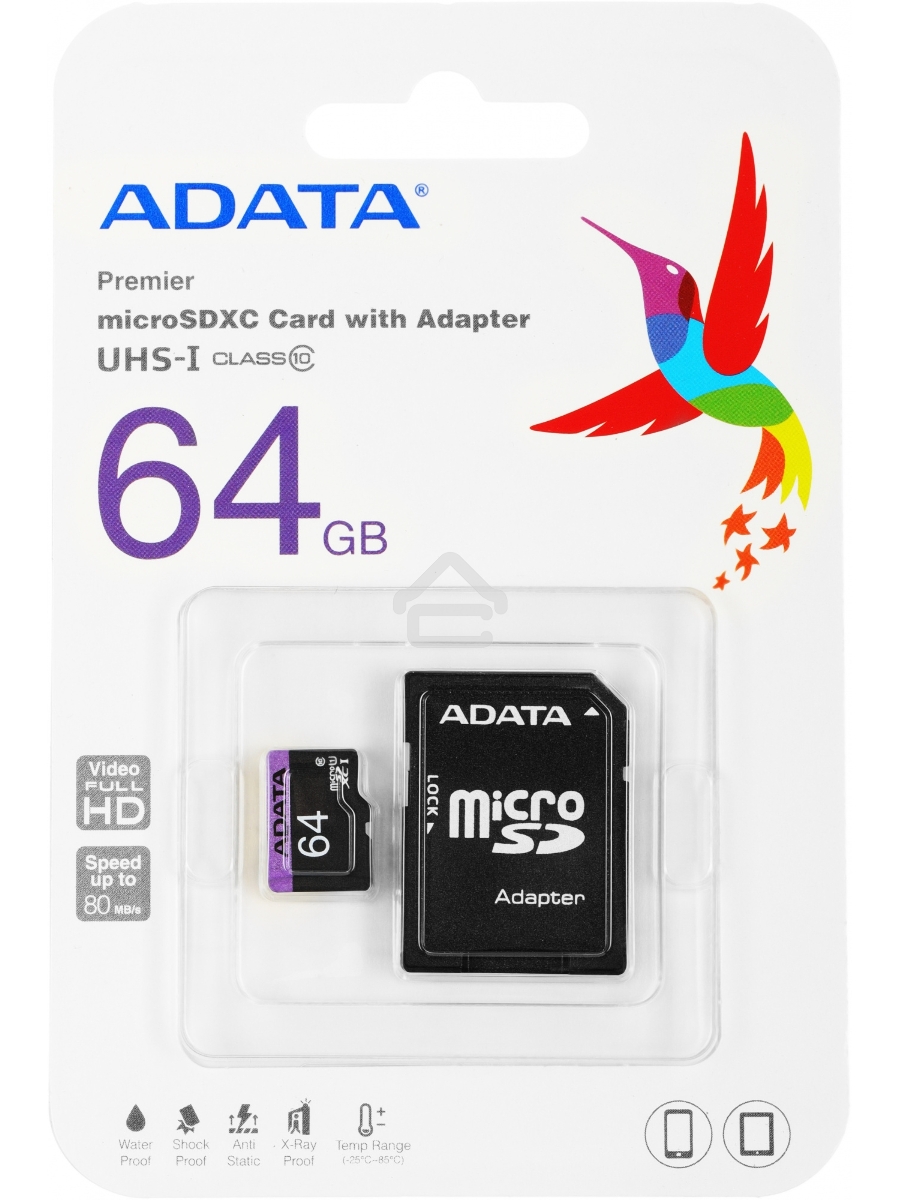 Флеш карта microSDXC 64GB ADATAUHS-1 CL10 (AUSDX64GUICL10-RA1) + SD adaptor