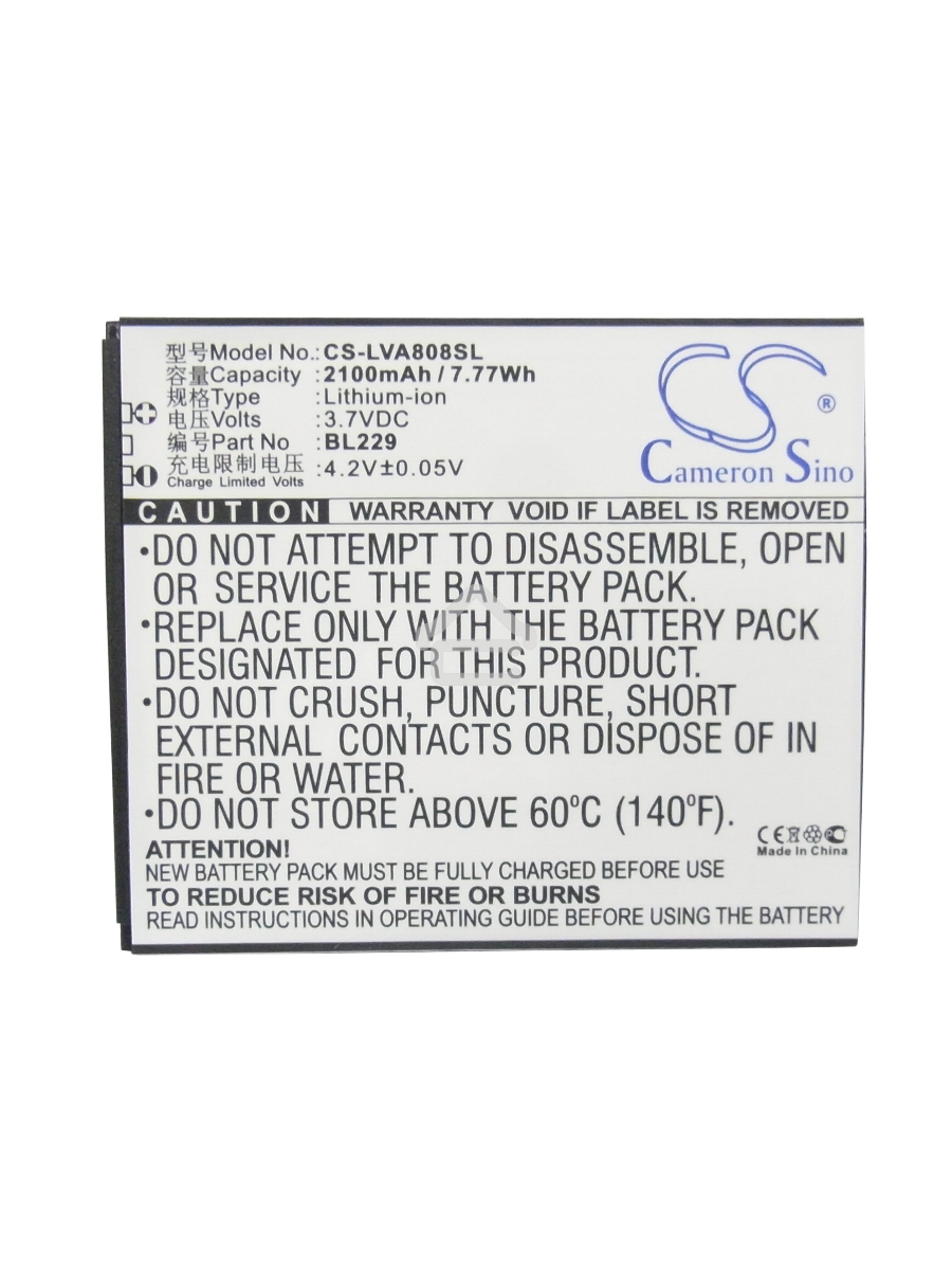 Аккумулятор CameronSinoCS-LVA808SL BL229 для Lenovo A806/A806T/A8 3.7V / 2100mAh / 7.77Wh