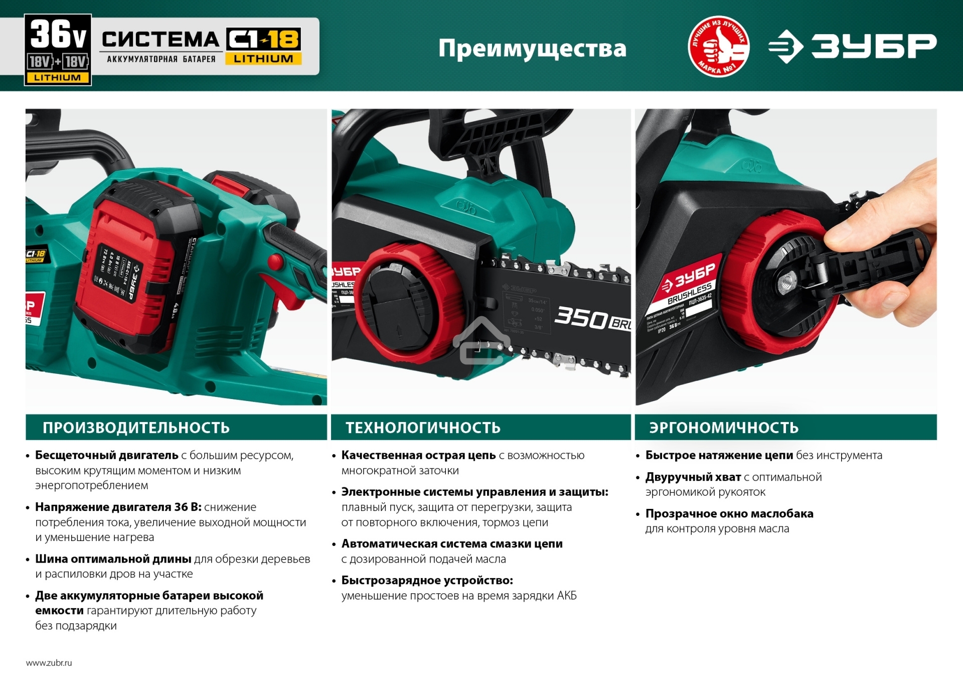 Пила цепная ЗУБР 36В бесщеточная, 2х18В АКБ (4Ач). ПЦЛ-3635-42