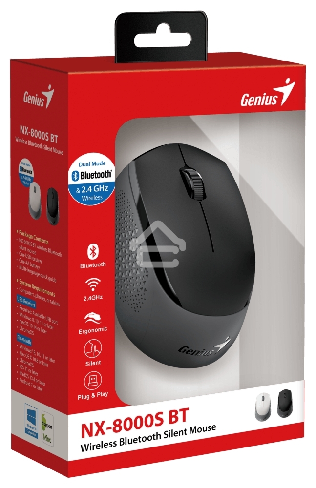 Мышь беспроводная Genius NX-8000S BT черный, 1200 dpi, радиоканал, Bluetooth, USB, кнопки - 3