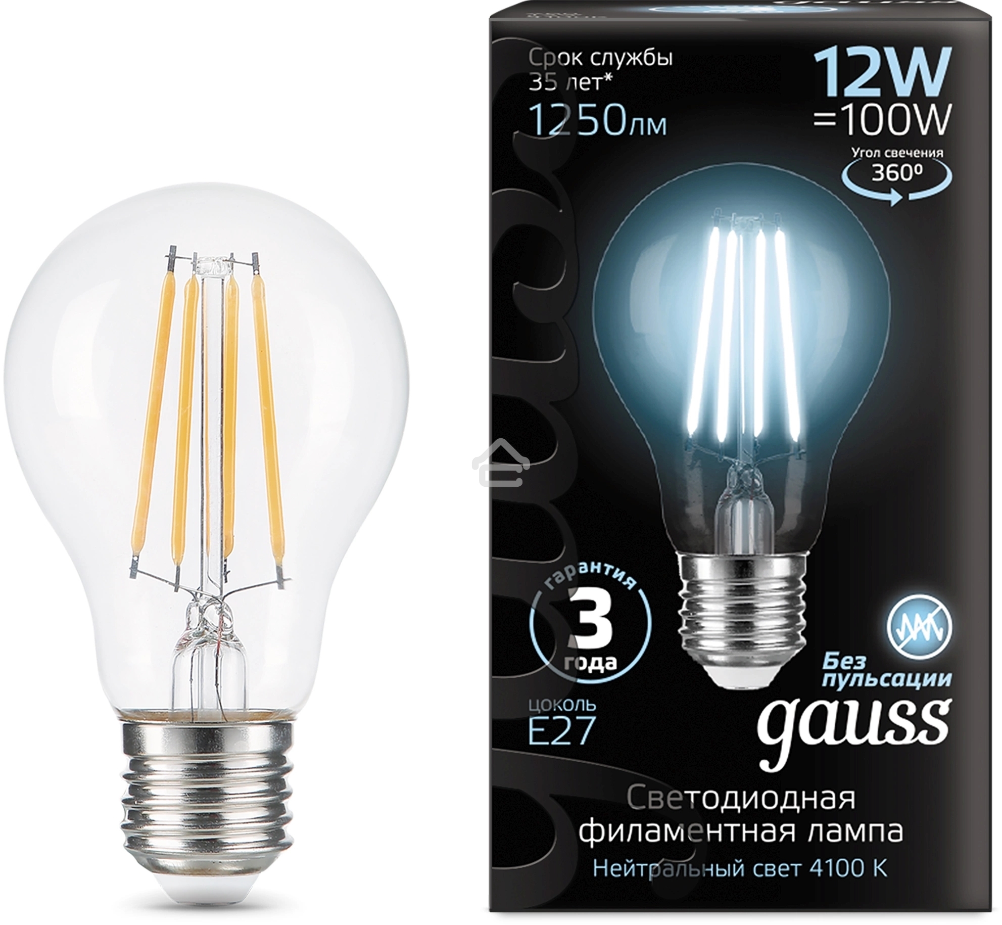 Лампа cветодиодная Gauss Filament А60 12W 1250lm 4100К Е27 LED 1/10/40