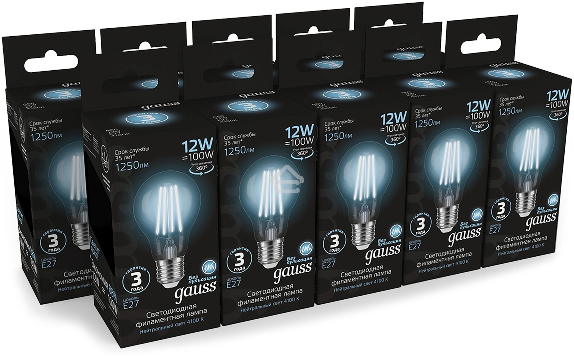 Лампа cветодиодная Gauss Filament А60 12W 1250lm 4100К Е27 LED 1/10/40