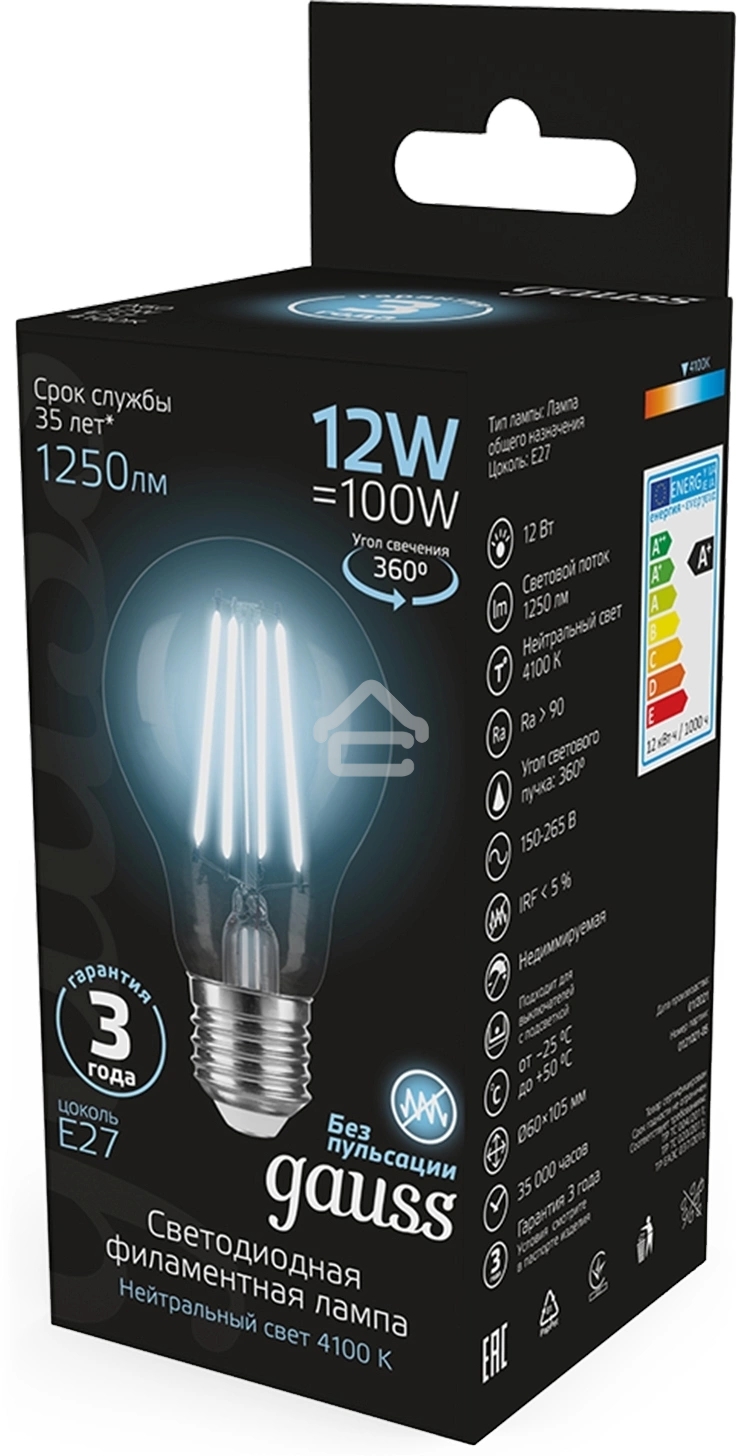 Лампа cветодиодная Gauss Filament А60 12W 1250lm 4100К Е27 LED 1/10/40