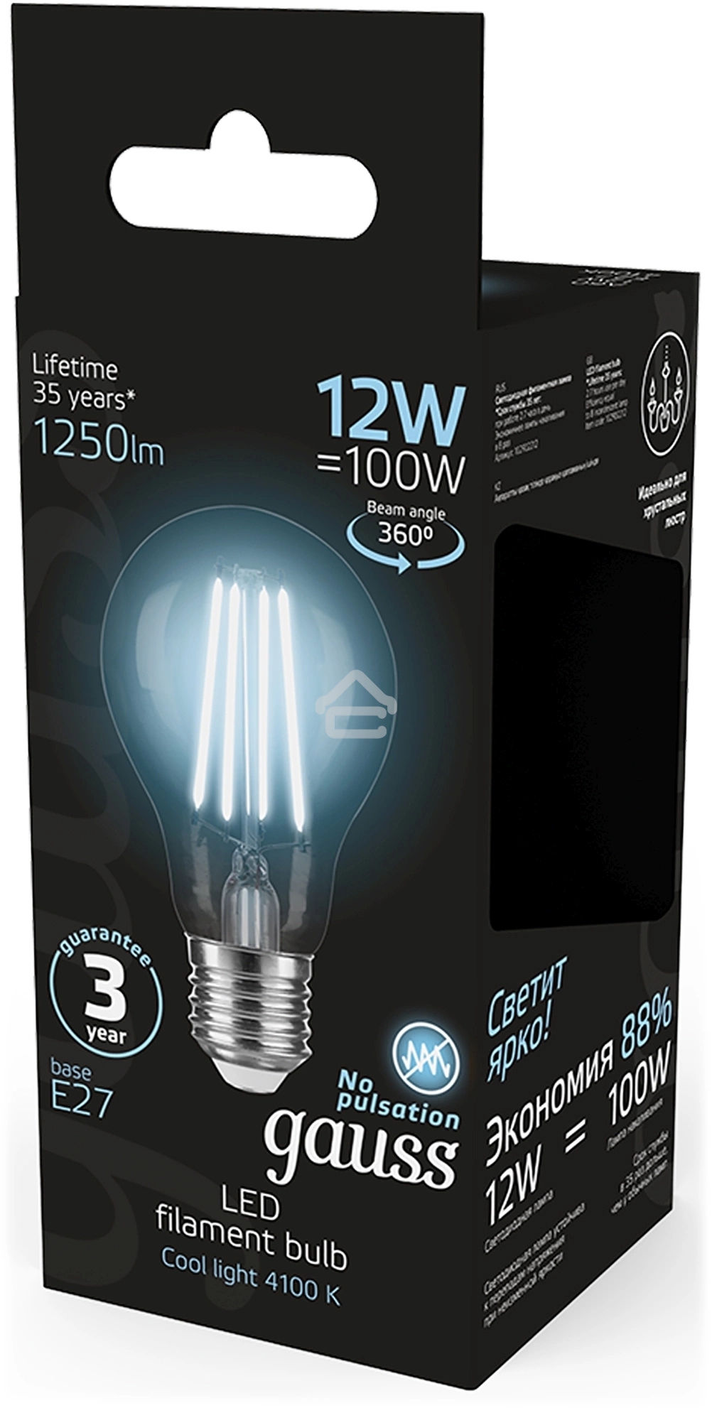 Лампа cветодиодная Gauss Filament А60 12W 1250lm 4100К Е27 LED 1/10/40