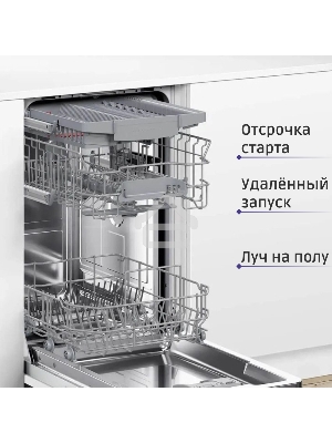 Встраиваемая посудомоечная машина Bosch SPV2HMX42E шириной 45см, загрузка на 10 комплектов посуды, электронное управление, 4 программы, 44.8x55x81.5 см, сушка: с теплообменником, индикация на полу: луч, пр-во Польша