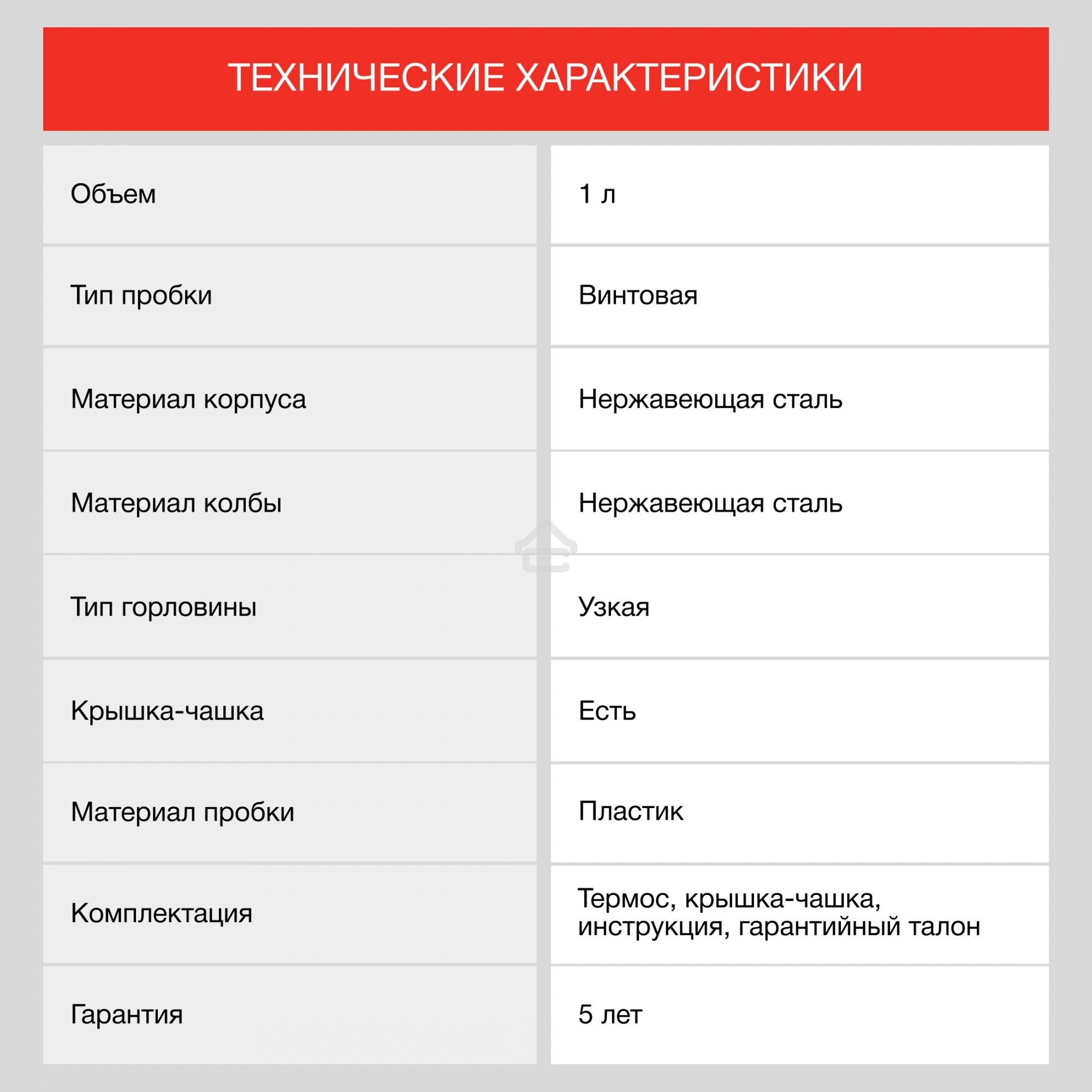 Термос Starwind 10-1000 1 л. серебристый/красный, картонная коробка