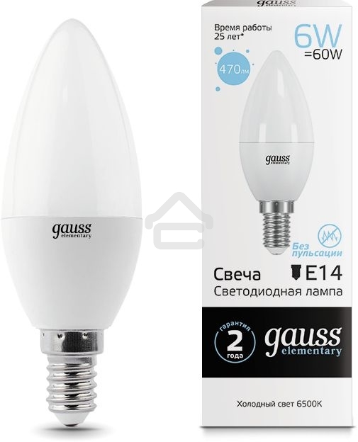 Лампа светодиодная LED Gauss Elementary Candle 6Вт E14 6500К